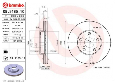 Гальмівний диск вентильований BREMBO 09.9185.10 (фото 1)