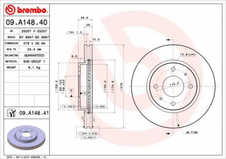 Тормозной диск BREMBO 09.A148.41 (фото 1)