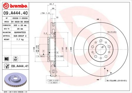 Тормозной диск вентилируемый BREMBO 09.A444.41