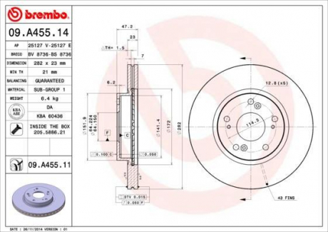 Гальмівний диск вентильований BREMBO 09.A455.14 (фото 1)