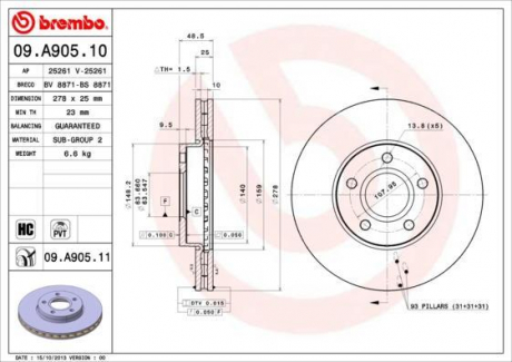 Тормозной диск вентилируемый BREMBO 09.A905.10