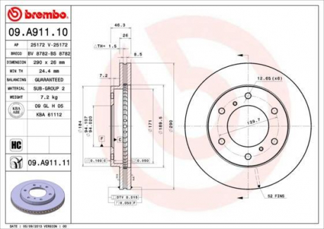 Тормозной диск вентилируемый BREMBO 09.A911.10