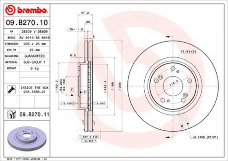 Гальмівний диск вентильований BREMBO 09.B270.10 (фото 1)