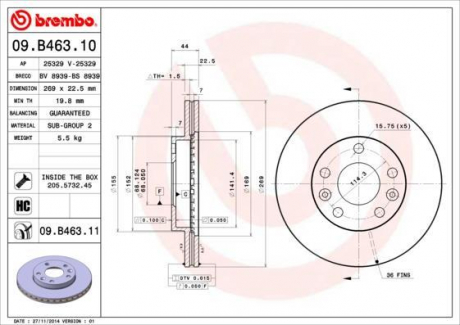 Тормозной диск вентилируемый BREMBO 09.B463.10