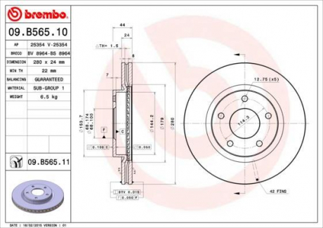 Тормозной диск вентилируемый BREMBO 09.B565.11 (фото 1)