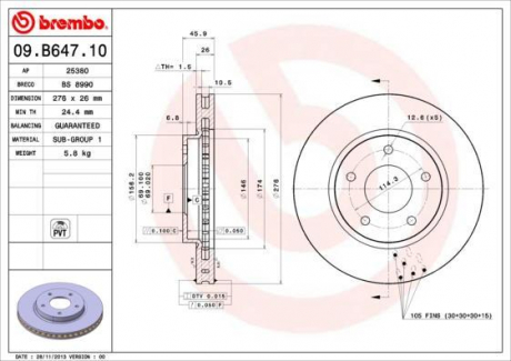 Гальмівний диск вентильований BREMBO 09.B647.10 (фото 1)
